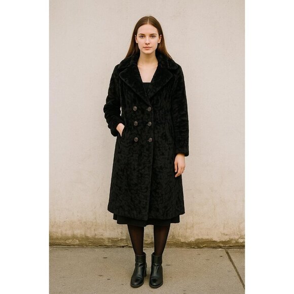 Vintage 1970s Union‑Made Black Fuzzy Peacoat – Double‑Breasted Textured Coat (Si - Picture 2 of 11
